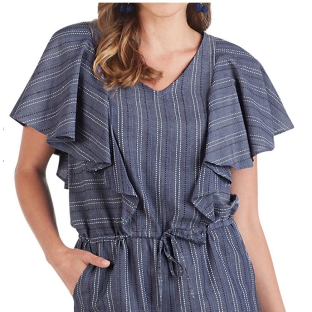 MUDPIE ISLA RUFFLE SLEEVE BLUE STRIPE ROMPER - XS